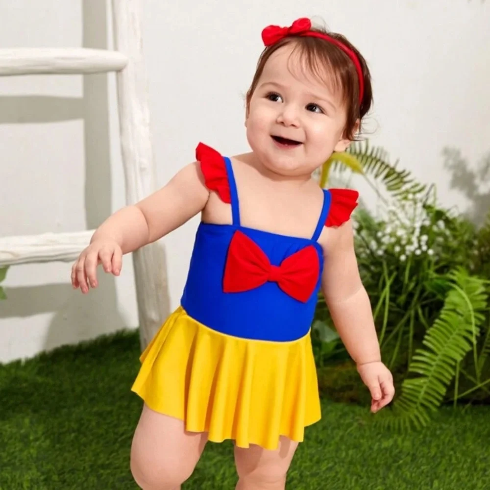 Disney Girls Snow Princess Swimdress One-piece Swim Dress Bowknot Bathing Suit